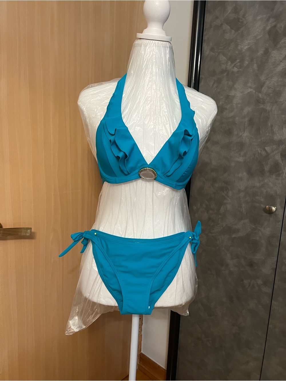 Turquoise Ruffle Halter Bikini Set - Women Swim